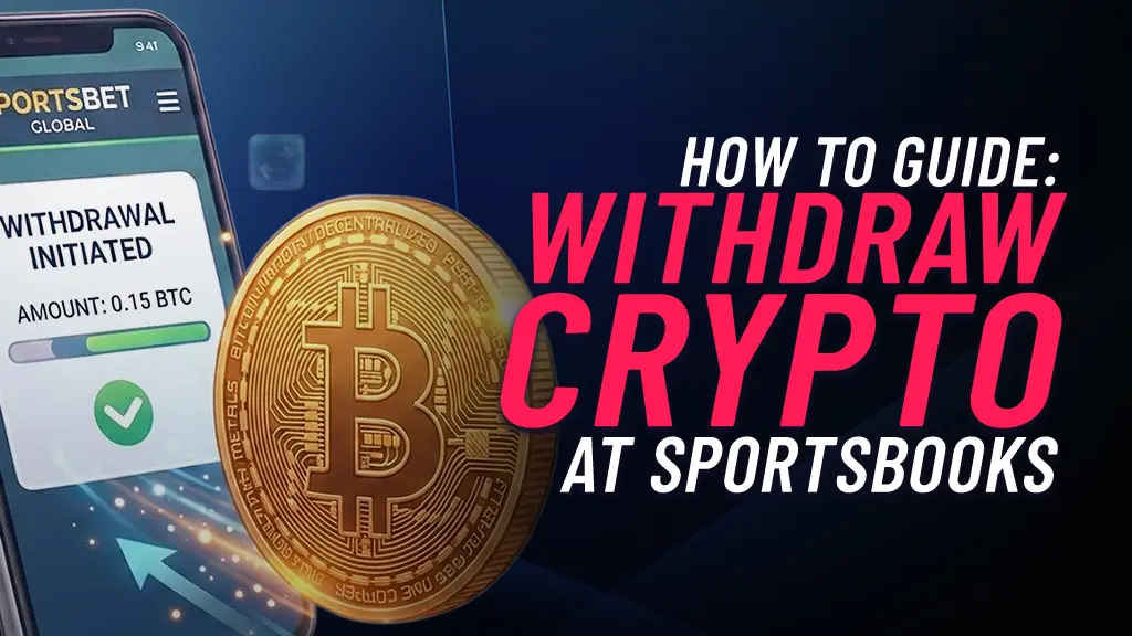 On the left of the image there is a mobile phone showing a withdrawal with Bitcoin and a Bitcoin floating in front of the phone. On the left of the image there is text showing 'How To Guide: Withdraw Crypto At Sportsbooks'.