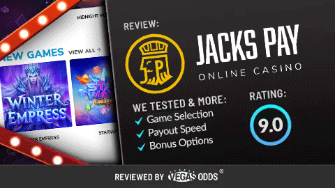 Image of Jacks Pay Casino review showing the Jacks Pay Casino logo on the top right, a score of 9.0 in a blue circle below, and a bullet point list of what has been tested in the review. On the left-hand side, there is an image of slot games available at the casino inside a Vegas-style sign.