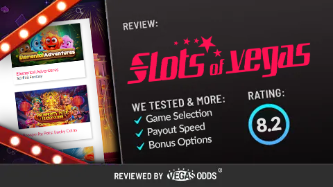 Image of Slots of Vegas Casino review showing the Slots of Vegas Casino logo on the top right, a score of 8.2 n a blue circle below, and a bullet point list of what has been tested in the review. On the left-hand side, there is an image of slot games available at the casino inside a Vegas-style sign.