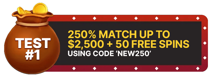 Image of Crown Coins Casino’s promotional banner featuring a coin-filled money bag labeled “TEST #1” alongside a bold casino-style offer advertising a 250% match bonus up to $2,500 plus 50 free spins, with promo code “NEW250” displayed in large yellow and white lettering on a dark background with red trim and decorative diamond accents.