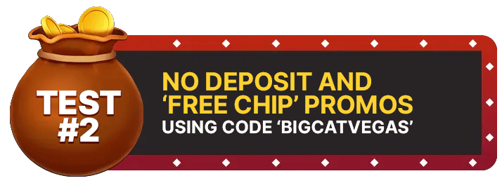 Image of Crown Coins Casino’s promotional banner showcasing a coin bag labeled “TEST #2” beside a highlighted casino rewards message promoting no deposit and “free chip” bonuses using promo code “BIGCATVEGAS,” presented in bold yellow and white text on a dark casino-themed panel with red borders and diamond-style decorative details.