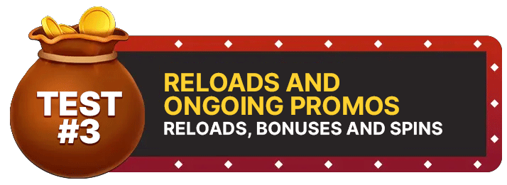 mage of Crown Coins Casino’s promotional banner displaying a coin-filled bag marked “TEST #3” next to a bold advertisement for reload bonuses and ongoing promotions, including reloads, bonuses, and spins, shown in bright yellow and white typography on a dark casino-style background with red framing and decorative diamond accents.