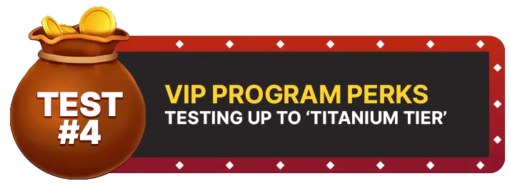 Image of Crown Coins Casino’s VIP rewards promotional banner featuring a coin bag labeled “TEST #4” alongside highlighted text advertising VIP program perks and testing up to “Titanium Tier,” presented in bold yellow and white lettering on a dark casino-themed sign bordered with red trim and diamond-shaped decorative elements.