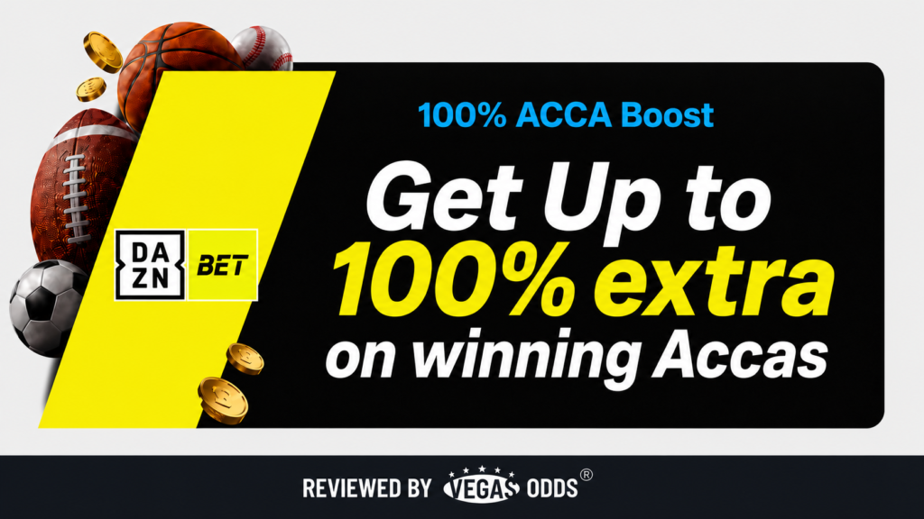 Review Image showing DaznBet UK 100% Acca Boosts, with sports balls on the left side of the image behind a yellow banner showing the DaznBet logo