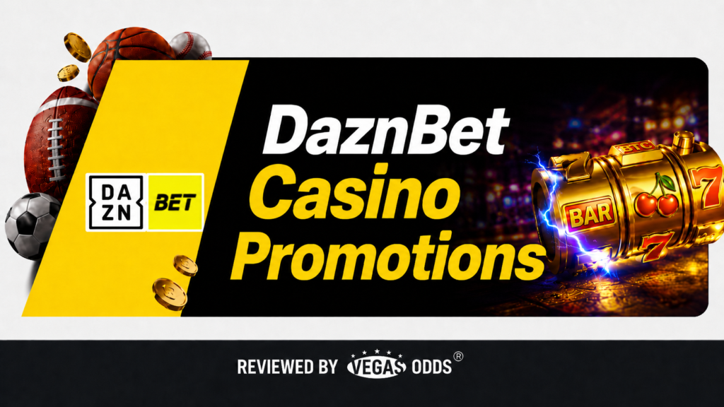 Review Image showing DaznBet UK Casino Promotions, with slot machine reels on the right side of the image with a yellow banner showing the DaznBet logo