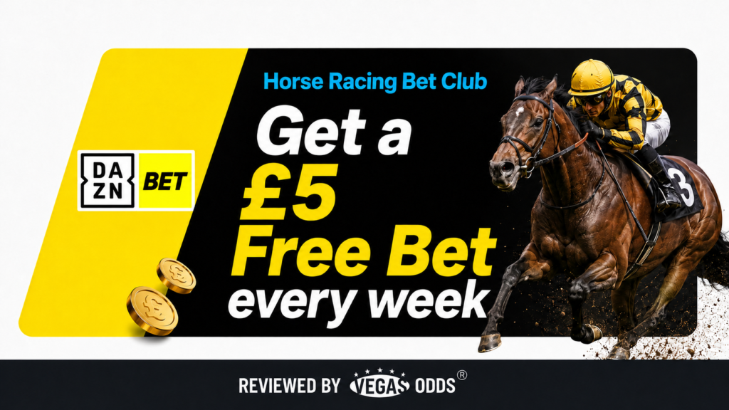 Review Image showing DaznBet UK £5 Free Bet for Horse racing, with a racing horse and jockey on the right side of the image with a yellow banner showing the DaznBet logo