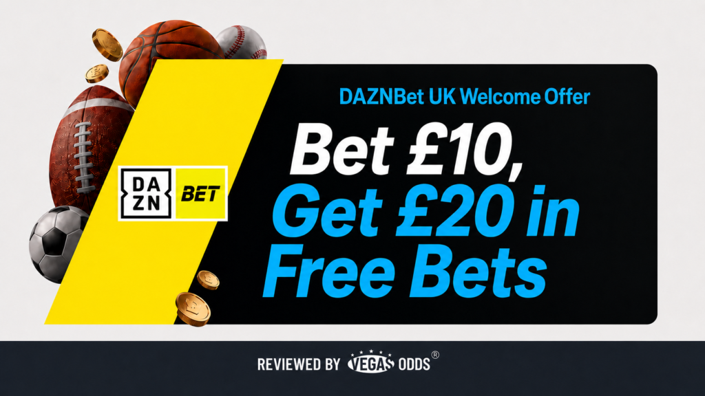 Review Image showing DaznBet UK £20 Welcome Bonus, with sports balls on the left side of the image behind a yellow banner showing the DaznBet logo