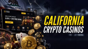 image of california crypto casinos with cryptocurrency imagery on the left
