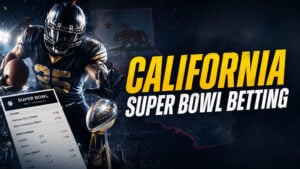 image of california super bowl betting with a player on the left and a mobile phone showing super bowl on it