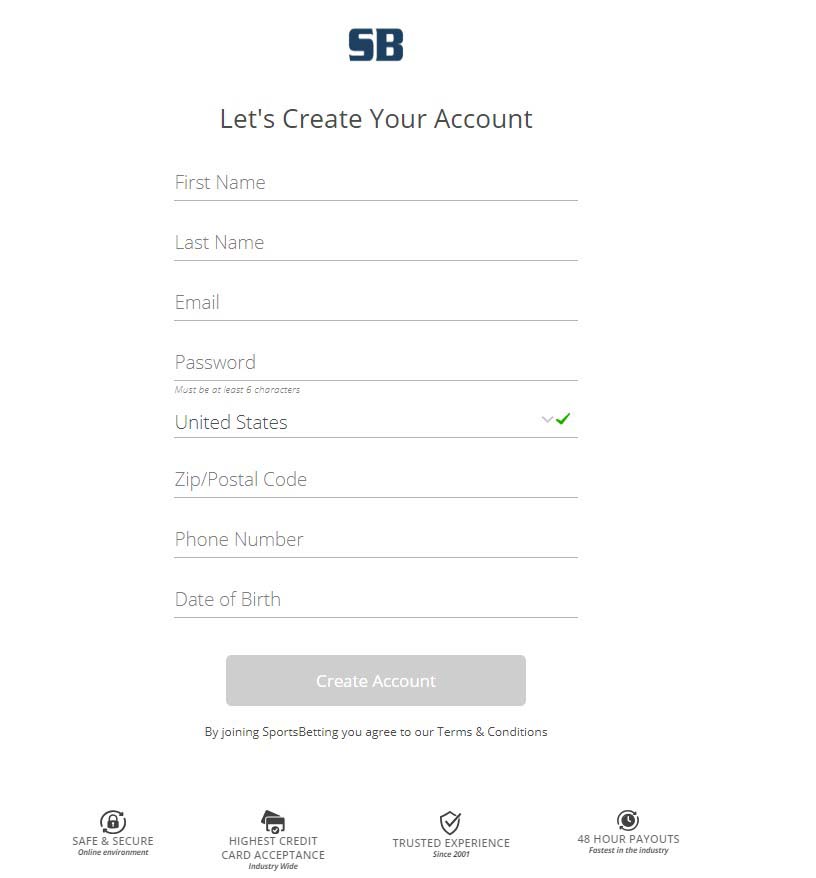 SportsBetting registration window.