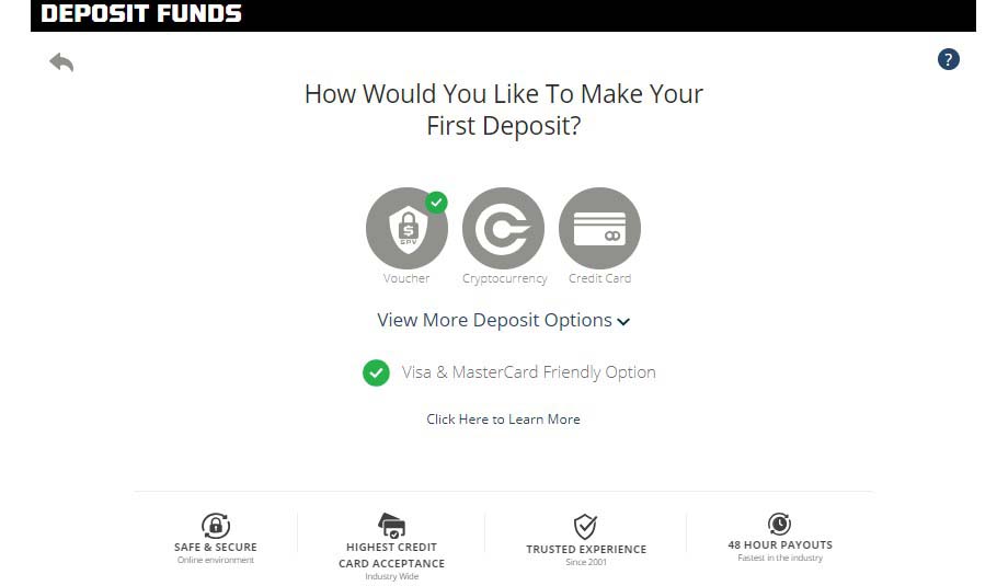 Choose depositing method, Sportsbetting.ag